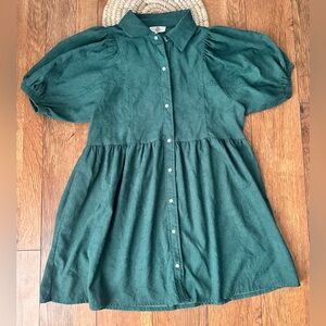 Entro Deep Turquoise Corduroy Mini Dress with Short Puff Sleeves